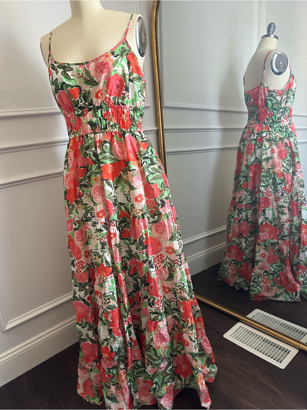 Hutch Coral & Green Floral Smocked Maxi Dress